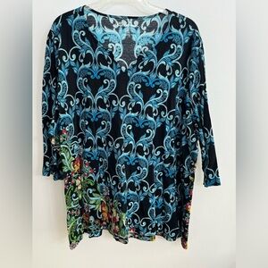 Ulla Popken Black and Teal Leaf Print Top/Tunic with 3/4 sleeves